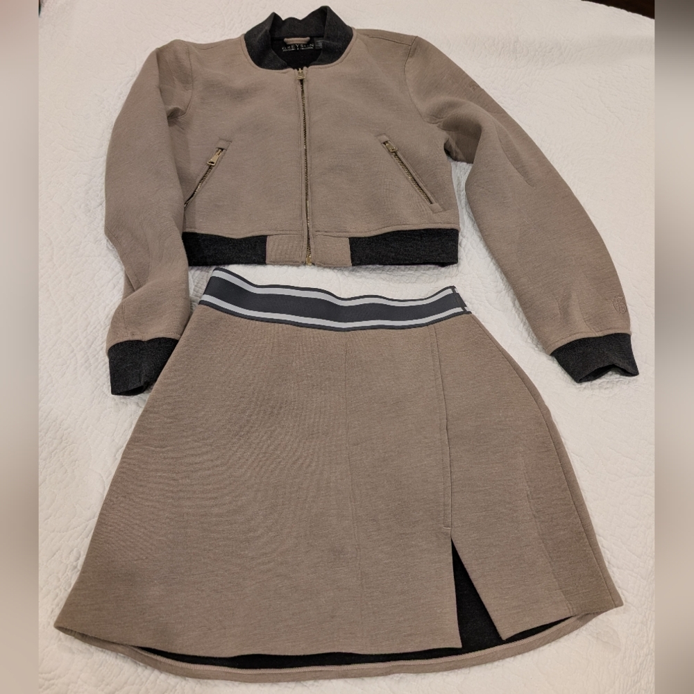 Greyson Tan Skirt with Black Accents And Matching Jacket, Size S